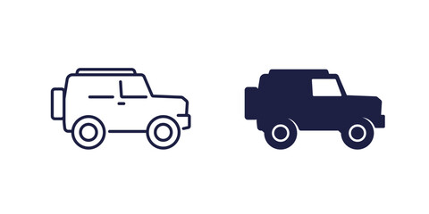 off-road 4wd car icon, 4x4 suv, line and solid design on white