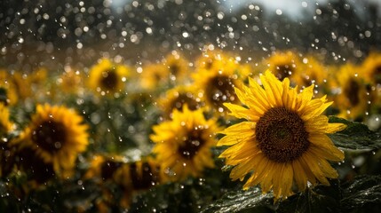 A sunflower field after a light drizzle, with water droplets glistening in the sun