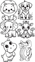 Cute cartoon animals lion dog elephant giraffe hippo crocodile