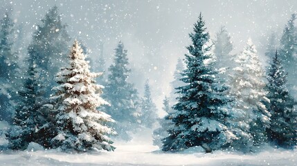 Serene snowy forest scene with falling snowflakes and soft light