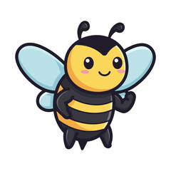Cute bee vector cartoon illustration of a standing bee character with blue wings and big smile