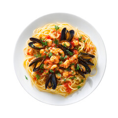 Delectable seafood pasta features succulent shrimp and mussels, garnished with fresh herbs, presented on a white plate, perfect for culinary concepts, transparent background