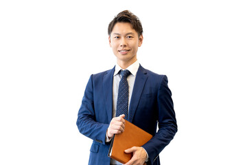 バインダーを持つ笑顔の男性ビジネスマン（背景透過PNG）