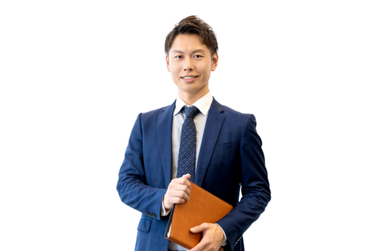 バインダーを持つ笑顔の男性ビジネスマン（背景透過PNG）