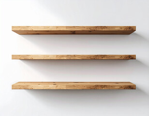 Wooden shelves on a white wall mock up isolated on white background