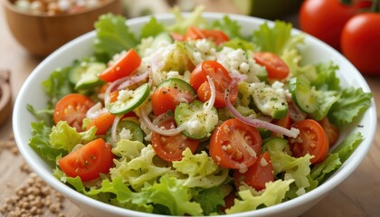 Fresh salad bowl with tomatoes, cucumbers, and feta cheese, garnished with lettuce.