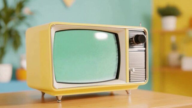 Retro TV: A charming close-up shot of a classic retro television set, the vintage design pops against the backdrop, perfect for evoking nostalgia and adding a touch of timeless style.
