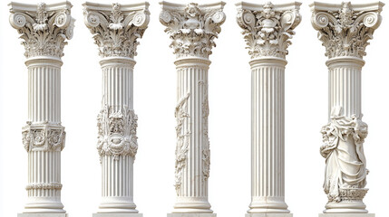 Five ornate carved architectural columns isolated on white for design