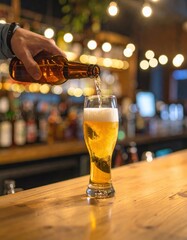 Hand pours beer into glass at a dimly lit bar setting