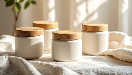 Matte Ceramic Storage Jars With Wooden Lids On A Soft Linen Surface In Natural Light