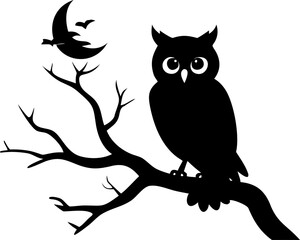 An owl perched on a branch silhouette, under a crescent moon, a captivating night scene