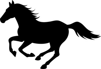 A black silhouette of a horse galloping swiftly
