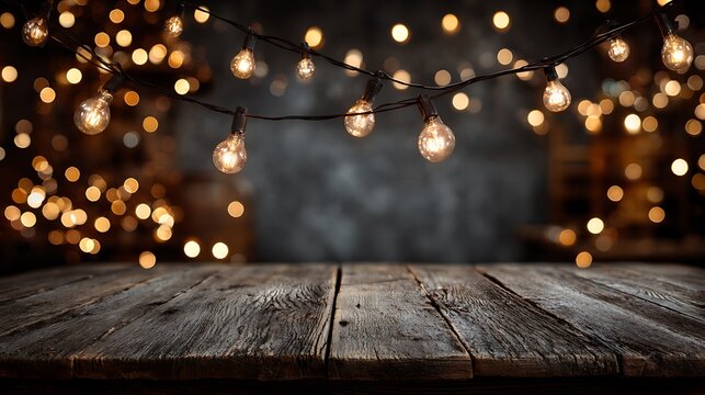 Rustic wooden table with warm glowing string lights and bokeh background for festive occasions