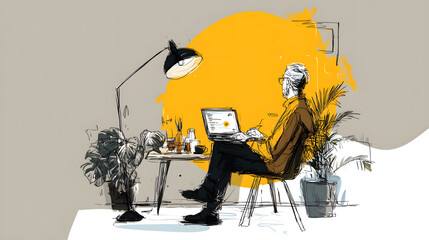 Stylized illustration of a freelancer working on a laptop in a cozy creative space