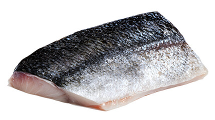 Fresh sea bass fillet displays its vibrant scales and delicate texture on a stark transparent background ready for cooking.