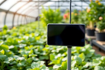 Greenhouse Digital Display: A high-angle view shows a digital display and a collection of vibrant plants, embodying the intersection of technology and sustainable agriculture in a greenhouse setting.