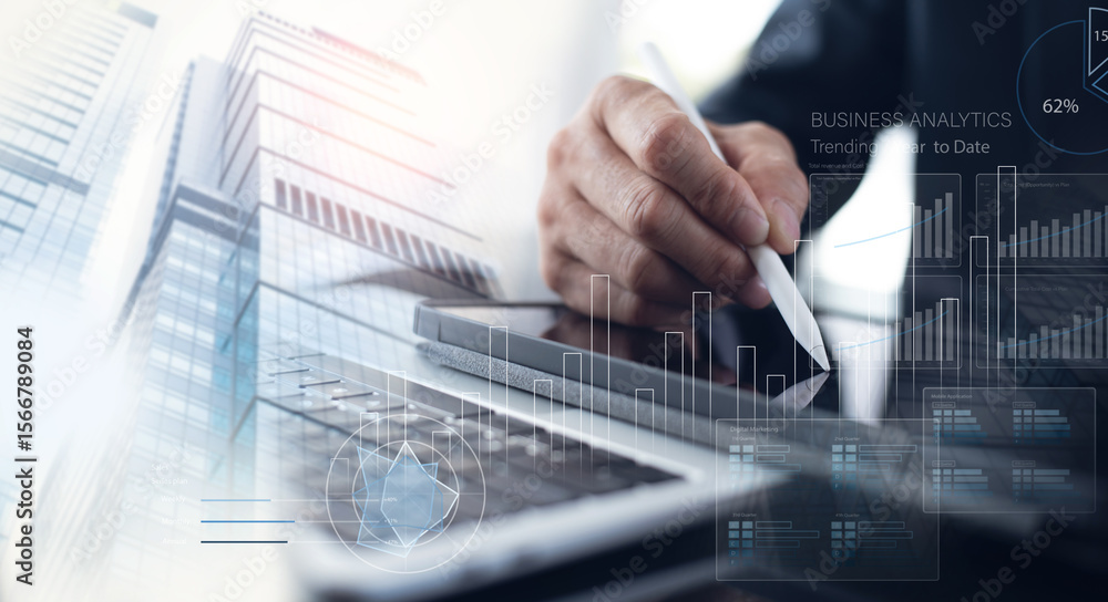 Poster finance analyst working on business analytics and data management system to make financial report wi