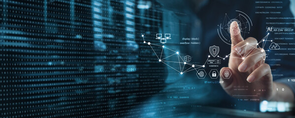 Cyber security system and data protection concept. Man using fingerprint scanning access data with...