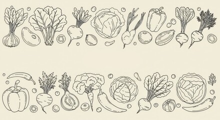 Horizontal background with with various vegetables and a place for text. Vegan backdrop with organic natural products. Line art vector monochrome illustration, Ai generate, Ai generative