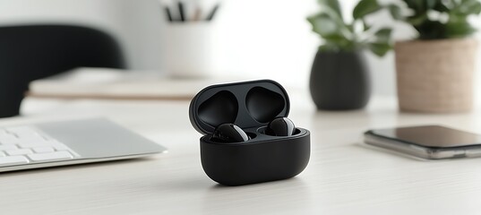 A stylish wireless earbud case on the right, blurred minimalistic desk setup