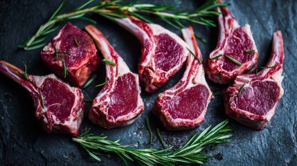 Obraz premium Fresh lamb chops with exposed bones, arranged on a dark stone surface with rosemary sprigs