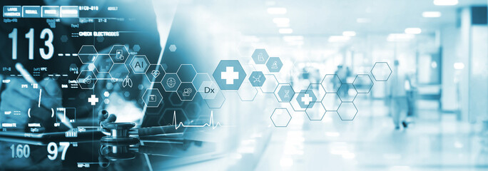 Medical technology, online health, global health network, medical online concept. Doctor using digital tablet and laptop computer with AI medical technology internet network connection, telemedicine