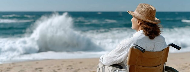Man in wheelchair wearing a hat enjoys a sunny day at the beach with a scenic view of calm waters and rocky shoreline