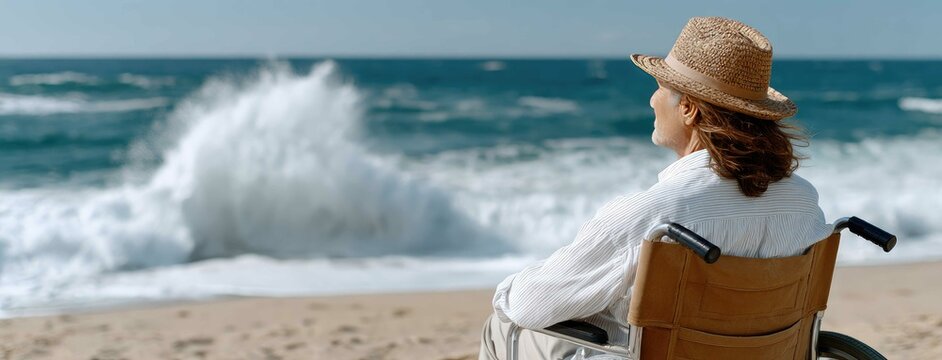 Man in wheelchair wearing a hat enjoys a sunny day at the beach with a scenic view of calm waters and rocky shoreline - Powered by Adobe