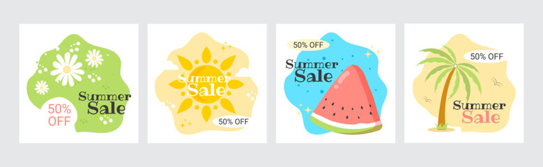Summer sale. Set of posters with watermelon, palm tree, sun and daisies. Banners for seasonal promotion. Vector.