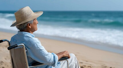 Man in wheelchair wearing a hat enjoys a sunny day at the beach with a scenic view of calm waters and rocky shoreline