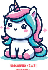 Unicornio kawaii logo vector white background .
