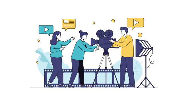 Creative production team capturing cinematic moments with professional video equipment and lighting for dynamic storytelling