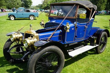 Newby Hall and Gardens, North Yorkshire, England – July 15 2023: Vintage blue brass headlamp of...