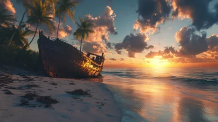Rolgordijnen Sun-kissed shipwreck on tropical beach at sunset. Rusty ship wreck on a pristine beach. Palm trees stand guard at the edge of the shoreline. Golden sunset light bathes the scene in warmth © avila