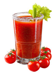 Tomato Juice – Rich Tomato Juice in Glass Tumbler with Garnish on Transparent Background