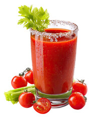 Tomato Juice – Rich Tomato Juice in Glass Tumbler with Garnish on Transparent Background