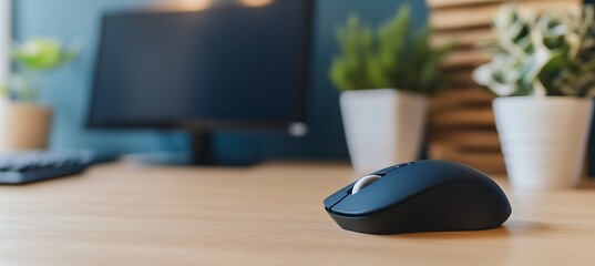 A stylish wireless mouse displayed on the right, blurred minimalist desk setup