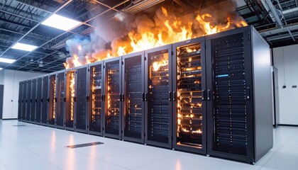 IT server racks ablaze with flames in a data center
