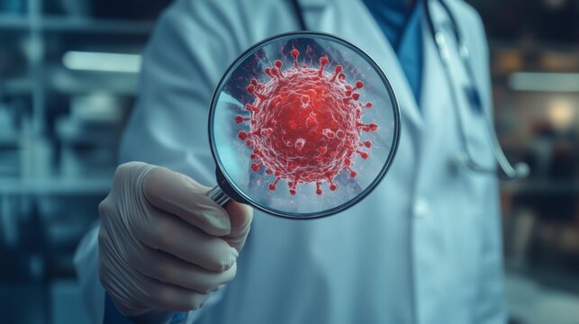 A scientist in lab coat and gloves holds a magnifying glass focusing on a red virus particle, symbolizing research and study of infectious diseases.