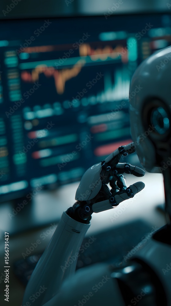 Aufkleber a robotic assistant displaying movement data to an investor in a smart home office setup