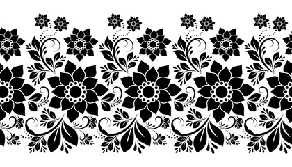 Black and white floral seamless decorative border, vintage ornament with big and small flowers, swirls, leaves and dots, floral design element