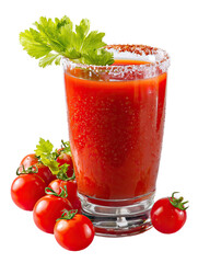 Tomato Juice – Rich Tomato Juice in Glass Tumbler with Garnish on Transparent Background