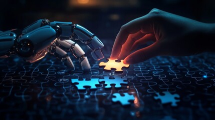 A human hand and a robotic hand collaboratively complete a glowing puzzle piece, symbolizing human-AI partnership.