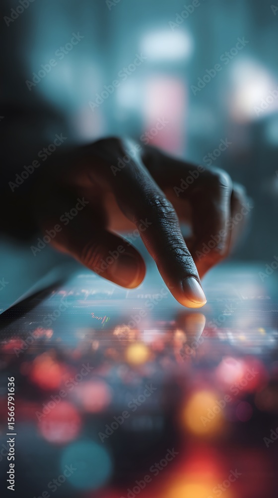 Poster hand navigating an investment app ui in a futuristic workspace with tech reflections