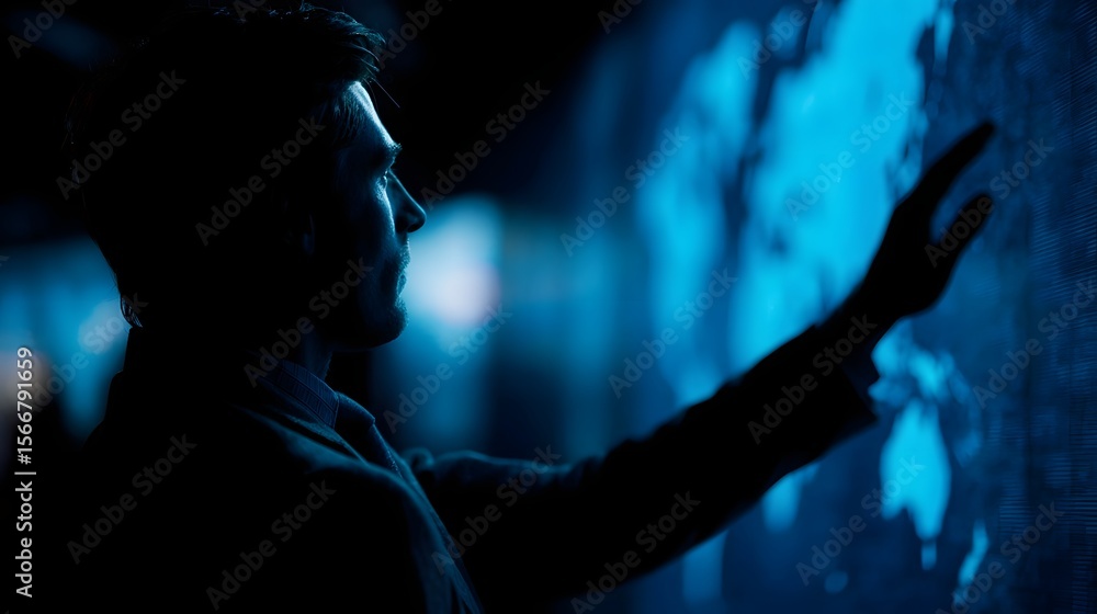 Poster a person in a blazer observing an interactive global finance map in a dark tech command center