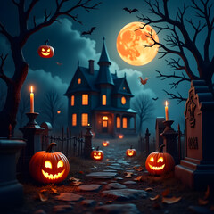 Fototapeta premium Halloween Night Scene with Haunted House and Jack O Lanterns