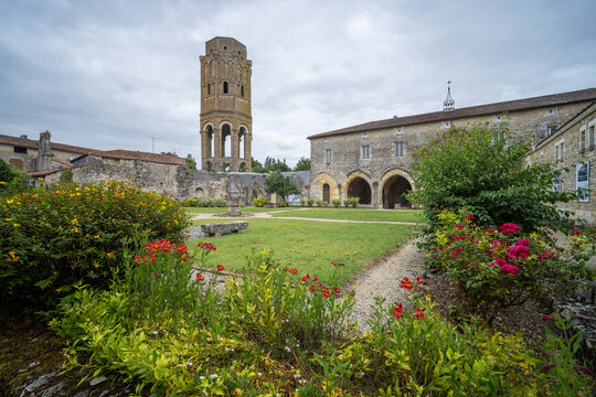 Saint Sulpice abbey and its bell tower standing in Charroux, France