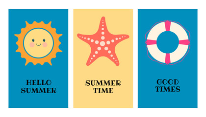 Hello summer, good times, summertime greeting card. Poster with sun, starfish and lifebuoy. Vector.