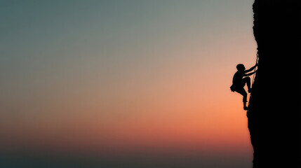 Naklejka premium A solitary climber scaling a rugged cliff at sunset, with a clean background that emphasizes the beauty of nature.