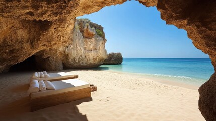 Tropical beach cave with sunbeds